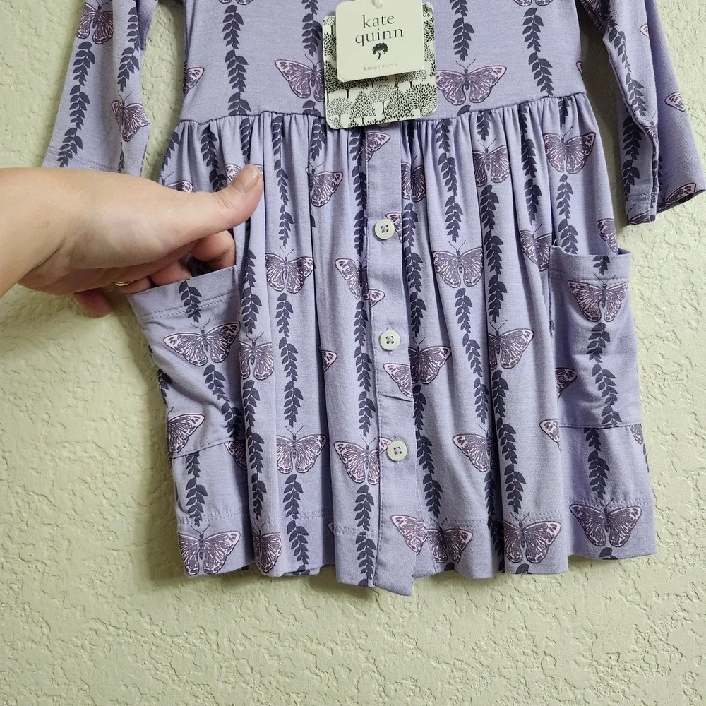 Kate Quinn Bamboo Butterfly Vine Long Sleeve Button Front Pocket Dress 12-18M